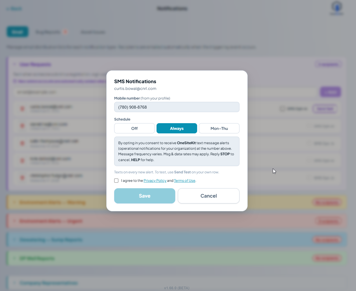 SMS Notifications modal with Always selected, showing the consent disclosure box and the unchecked 'I agree' checkbox. The Save button is greyed out until the checkbox is ticked.