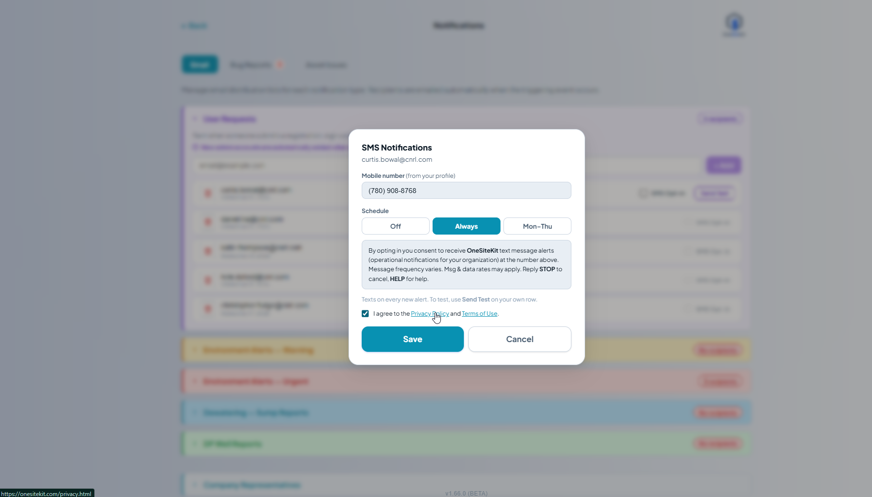 Same modal with the 'I agree to the Privacy Policy and Terms of Use' checkbox now checked. The Save button is now active (solid blue). No messages are sent until Save is clicked.